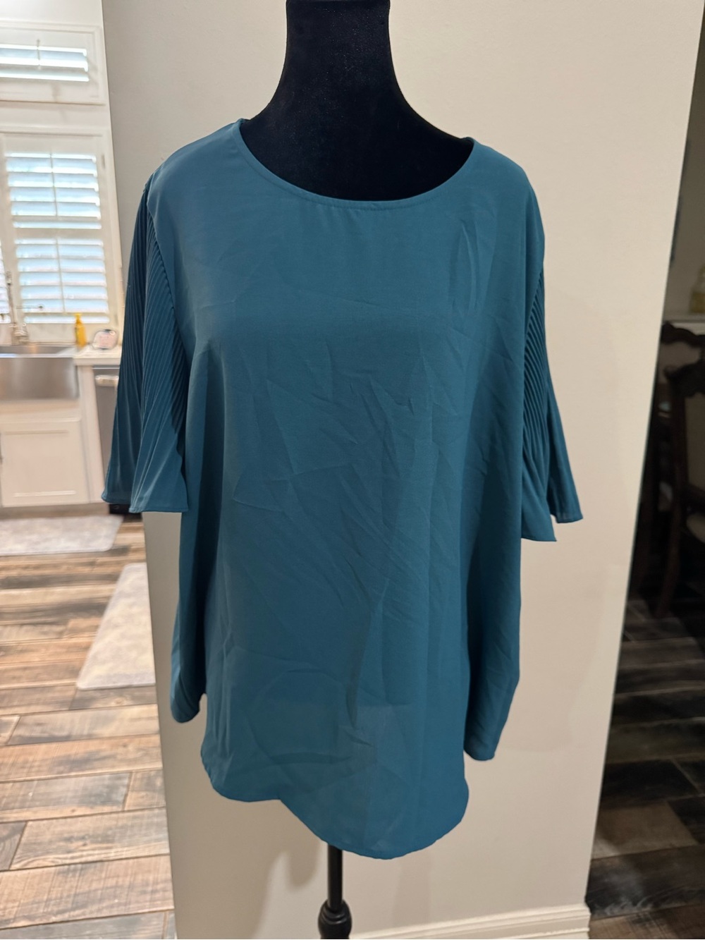 Teal Pleated Sleeve Women's Top - Brand Not Visible